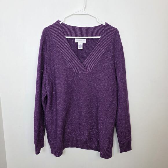 Susan Graver Sweaters - Susan Graver Purple Sparkles Wool Blend V-Neck Thick Party Sweater Size 1X